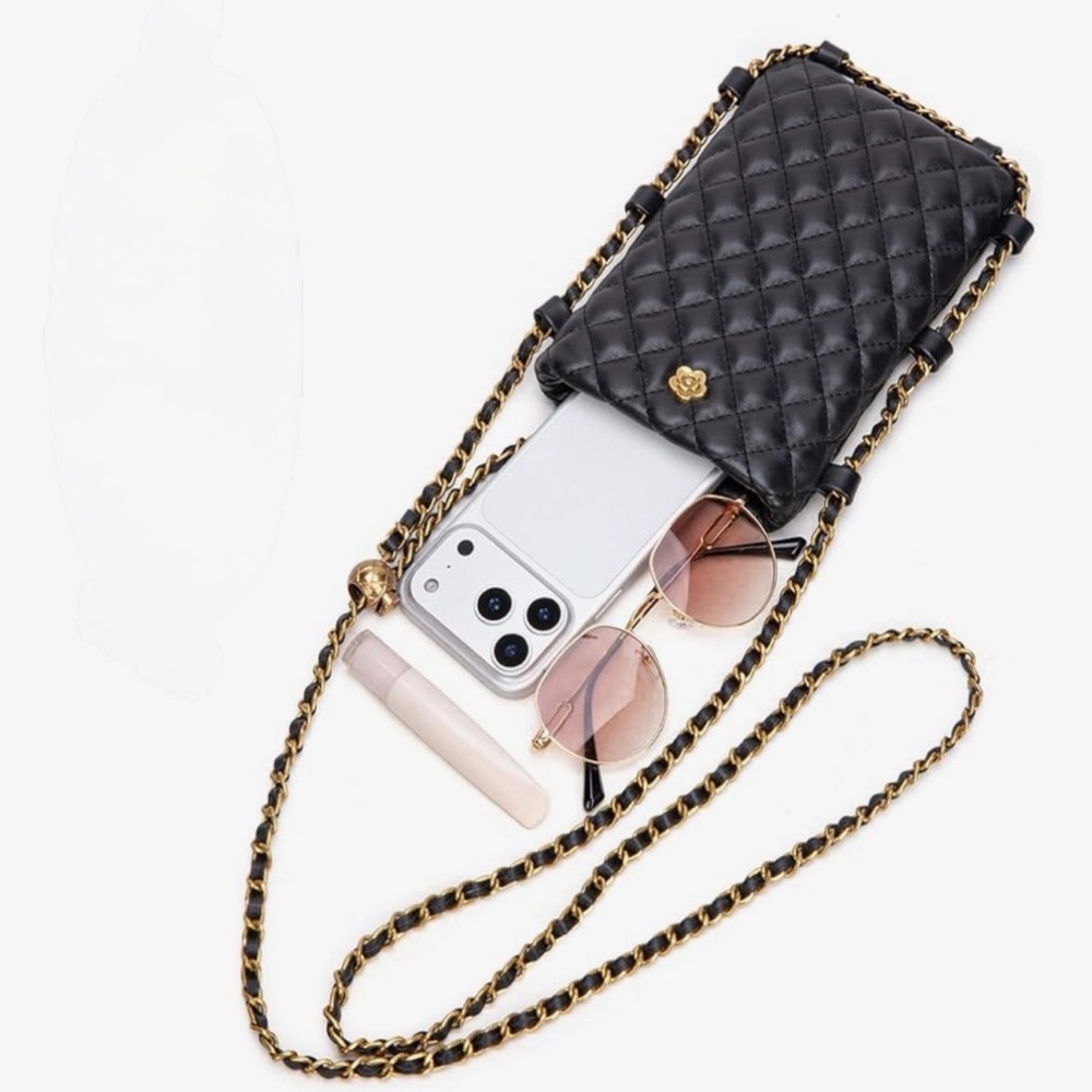 Luxe Black Quilted Crossbody Phone Bag with Adjustable Gold Chain Strap